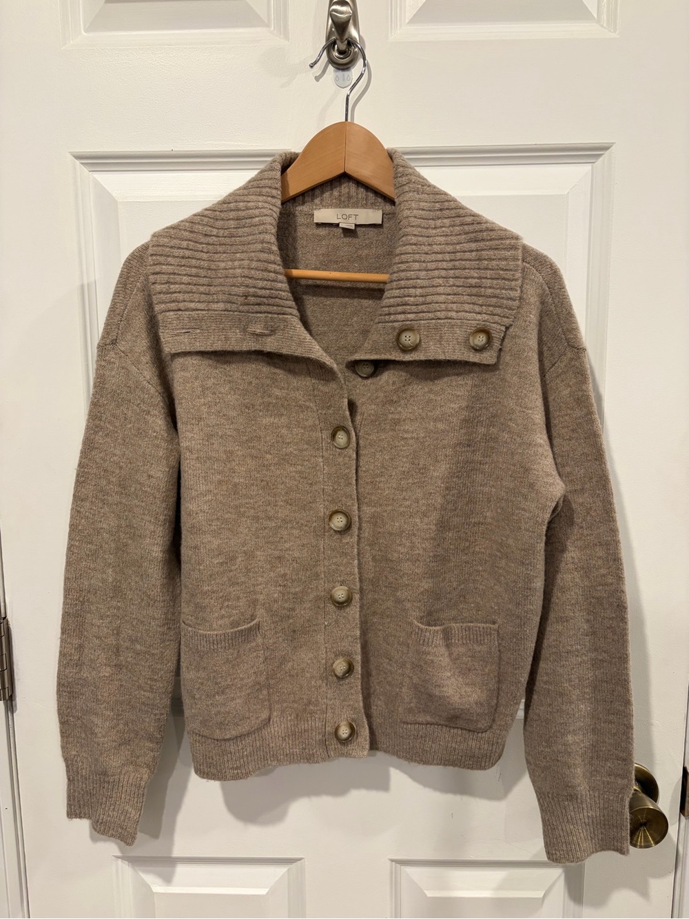 LOFT Taupe Button-Front Ribbed Collar Cardigan
